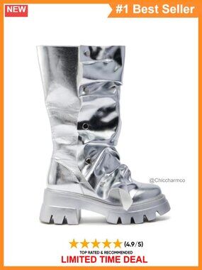 Women's Metallic Faux Leather Mid Calf Platform Boots Detachable Overlay